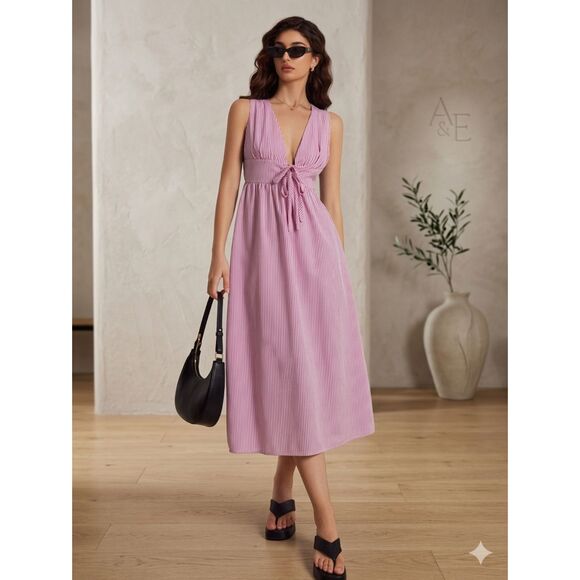 Dresses & Skirts - Pink White Stripe Midi Dress Size 6 Sleeveless V-Neck Tie Front Summer Sun Dress